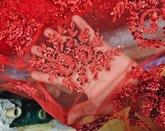 Red Color Floral Embroidery Mesh Fabric Tulle  Lace for Bridal Dress By The Yard
