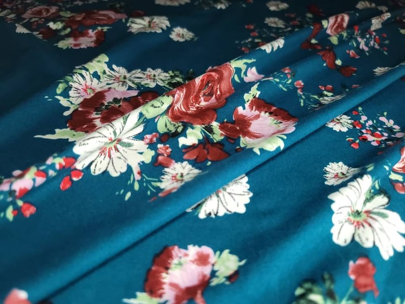 Double Brushed Spandex Fabric Teal Floral Print By The Yard 60\u201d