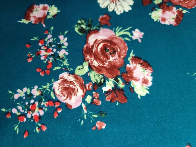 Double Brushed Spandex Fabric Teal Floral Print By The Yard 60\u201d