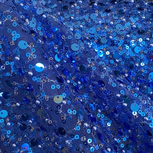 Royal Blue Beaded Lace Fabric Mesh Materials with Sparkling Sequin Trims DIY Wedding Bridal Evening Dress Sold by the Yard 45”