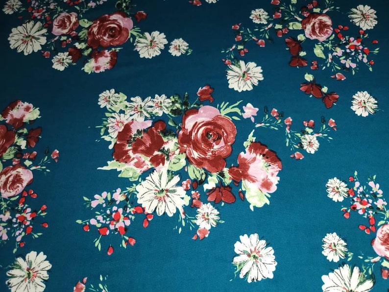 Double Brushed Spandex Fabric Teal Floral Print By The Yard 60\u201d