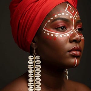 May include: A portrait of a person with dark skin wearing a red head wrap and shell earrings. The person's face is adorned with white and red tribal face paint. The background is a dark gray.