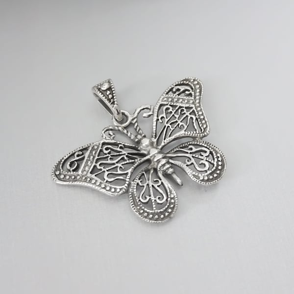 Large Sterling Silver Butterfly Pendant With Oxidized Finish, 38.65mm