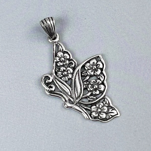 Large Sterling Silver Butterfly Pendant With Oxidized Finish, 42mm