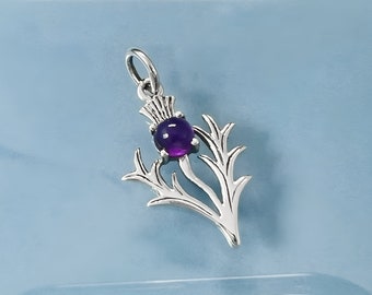 Sterling Silver Celtic Pendant, Thistle Pendant with Amethyst Stone and Optional Sterling Silver Necklace Chain, 18 mm