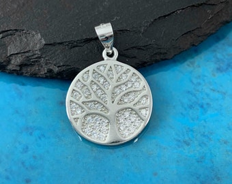 1 Pc Sterling Silver Tree of Life Pendant with Cubic Zirconia Crystals 17mm