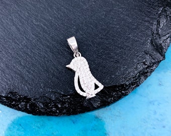 1 Pc Tiny Sterling Silver Penguin Pendant with Cubic Zirconia Crystals, 18mm