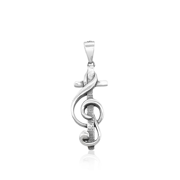 Sterling Silver Treble Clef Pendant with Cross, Sterling Silver Music Pendant, 26mm