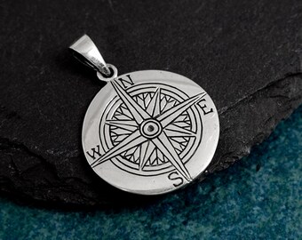 Large Sterling Silver Compass Pendant, 27mm