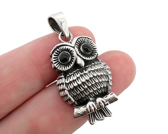 Sterling Silver Owl Pendant with Oxidized Finish, 28mm