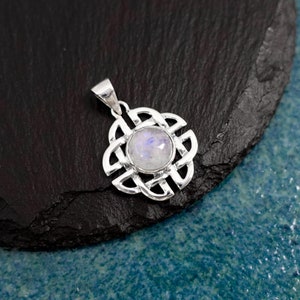 Celtic Knot Pendant for Women, Sterling Silver Celtic Knot Pendant with Rainbow Moonstone, 18mm and Optional Sterling Silver Necklace Chain