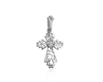 Sterling Silver Cross Pendant with Cubic Zirconia Crystal, 24mm