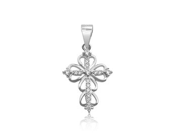 Sterling Silver Cross Pendant with Cubic Zirconia Crystal, 19mm