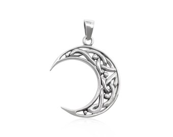 Sterling Silver Crescent Moon Pendant with Oxidized Finish, 34mm