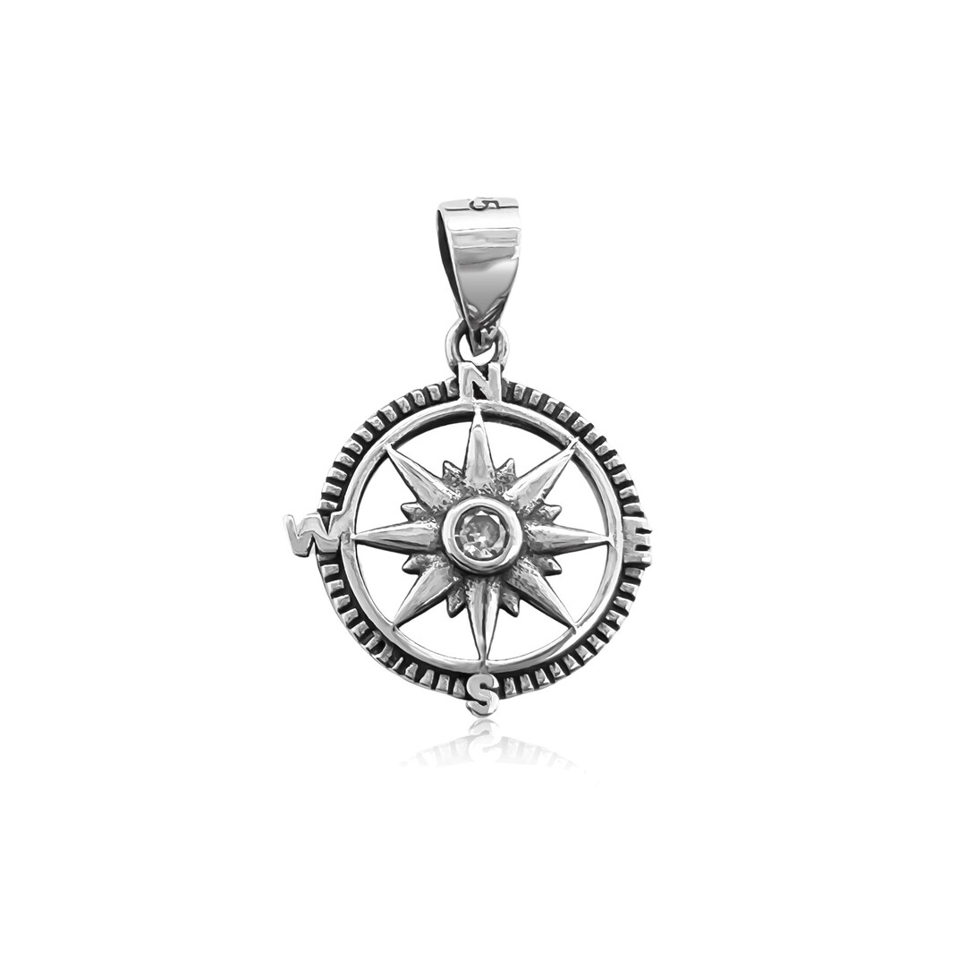 Sterling Silver Compass Pendant With Oxidized Finish and Cubic Zirconia