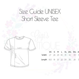May include: Size chart for unisex short sleeve t-shirts. The chart shows measurements in inches for width and length for sizes XS through 4XL.