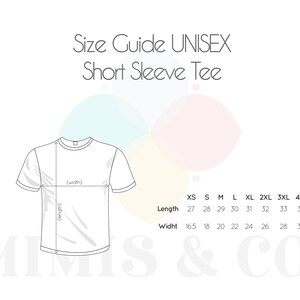May include: Size chart for unisex short sleeve t-shirts. The chart shows measurements in inches for length and width for sizes XS through 4XL.