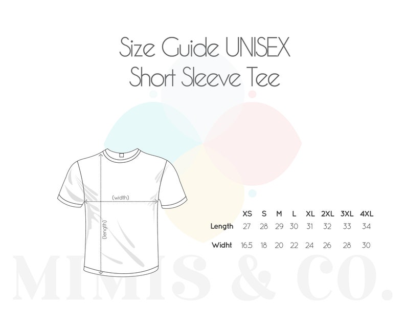 May include: Size chart for unisex short sleeve t-shirts. The chart shows measurements in inches for length and width for sizes XS through 4XL.