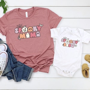 Spooky Mama Spooky Mini Shirts, Mommy and Me Halloween Shirts, Retro Matching Mom and Baby, Cute Ghost Shirt, Mom Daughter Shirts