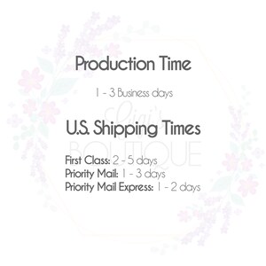 May include: Production Time: 1-3 business days. U.S. Shipping Times: First Class: 2-5 days, Priority Mail: 1-3 days, Priority Mail Express: 1-2 days.