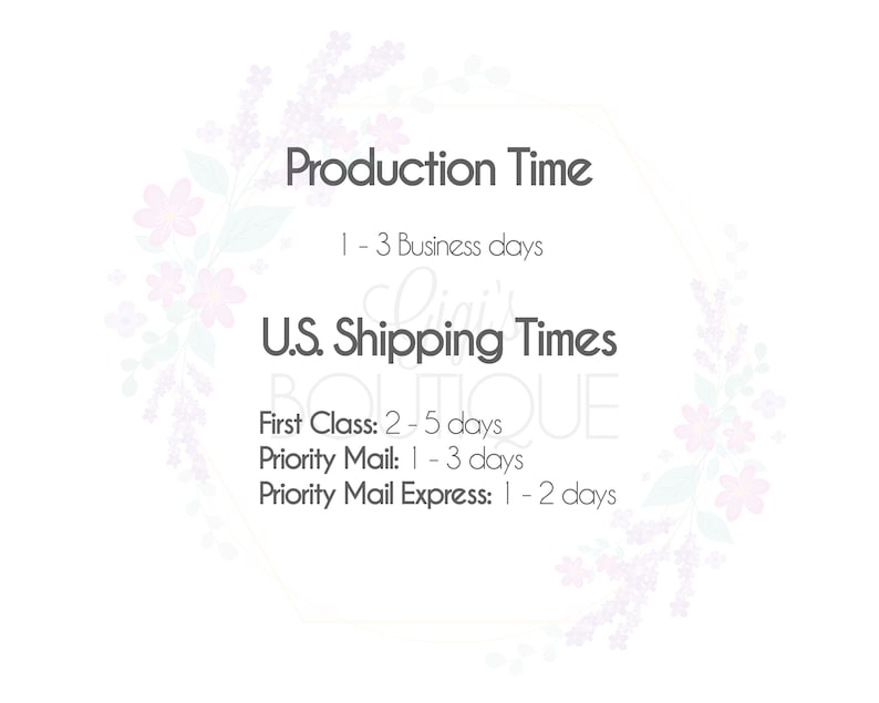 May include: Production Time: 1-3 business days. U.S. Shipping Times: First Class: 2-5 days, Priority Mail: 1-3 days, Priority Mail Express: 1-2 days.