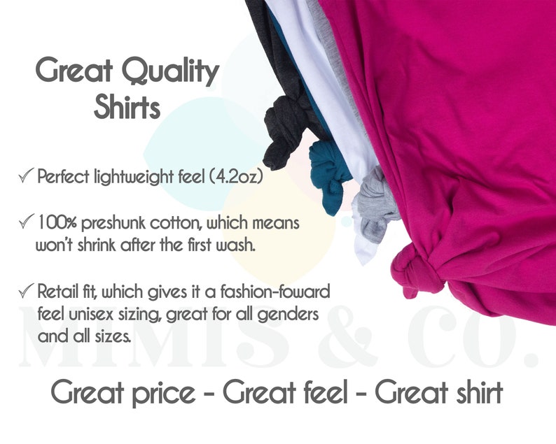 Pode incluir: Uma pilha de camisetas em v&aacute;rias cores, incluindo rosa, turquesa, cinza e branco. O texto "Great Quality Shirts" est&aacute; no topo da imagem. O texto "Perfect lightweight feel (4.2oz)" est&aacute; abaixo do t&iacute;tulo. O texto "100% preshunk cotton, which means won't shrink after the first wash." est&aacute; abaixo da primeira linha de texto. O texto "Retail fit, which gives it a fashion-forward feel unisex sizing, great for all genders and all sizes." est&aacute; abaixo da segunda linha de texto. O texto "Great price - Great feel - Great shirt" est&aacute; na parte inferior da imagem.