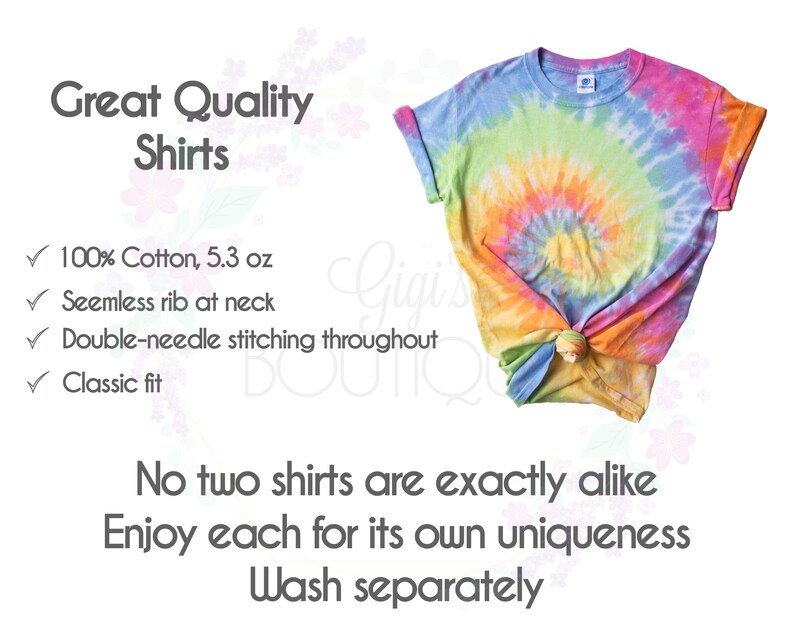 May include: A tie-dye t-shirt with a rainbow swirl pattern. The shirt is made of 100% cotton and has a classic fit. The text "Great Quality Shirts" is visible at the top of the image. The text "No two shirts are exactly alike. Enjoy each for its own uniqueness. Wash separately" is visible at the bottom of the image.
