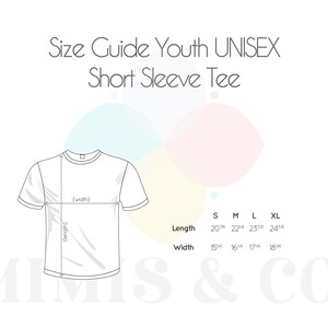 May include: A white graphic size guide for a youth unisex short sleeve tee. The text reads Size Guide Youth UNISEX Short Sleeve Tee. A line drawing of a t-shirt shows length and width arrows. A table lists sizes S, M, L, XL with measurements in inches.