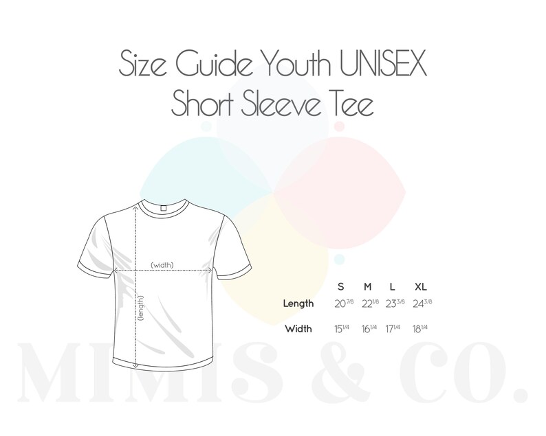 May include: A white graphic size guide for a youth unisex short sleeve tee. The text reads Size Guide Youth UNISEX Short Sleeve Tee. A line drawing of a t-shirt shows length and width arrows. A table lists sizes S, M, L, XL with measurements in inches.