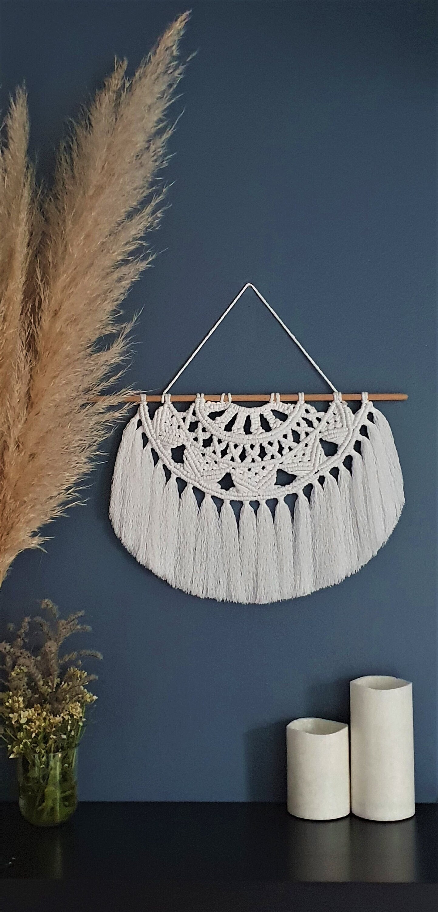 Suspension Demi Cercle Mandala en Macramé Blanc