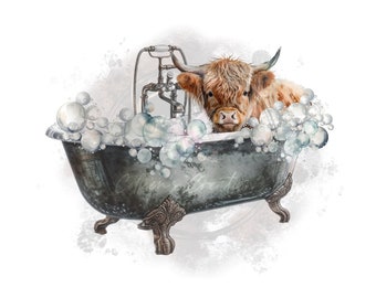 Vaca de las tierras altas de acuarela en la tina