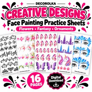May include: A set of 16 digital download face painting practice sheets by DECOROLKA featuring black and white swirls, pink floral designs, purple butterflies, unicorn horns, and blue eye masks with the text Creative Designs Face Painting Practice Sheets.