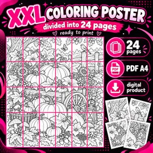 May include: XXL coloring poster divided into 24 pages, ready to print. The black and white line art features a harvest scene with pumpkins, a wooden cart, a lantern, mushrooms, and a bird on a fence. Includes PDF A4 digital product icons.