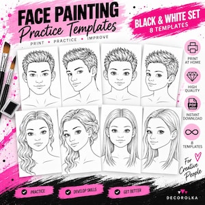 Può includere: Un set di otto modelli di pratica per il trucco del viso in bianco e nero con illustrazioni al tratto di vari volti umani con diverse acconciature. Il testo recita FACE PAINTING Practice Templates, BLACK & WHITE SET, 8 TEMPLATES, PRINT AT HOME, HIGH QUALITY, PDF, INSTANT DOWNLOAD, 8 TEMPLATES, For Creative People, PRACTICE, DEVELOP SKILLS, GET BETTER e DECOROLKA.