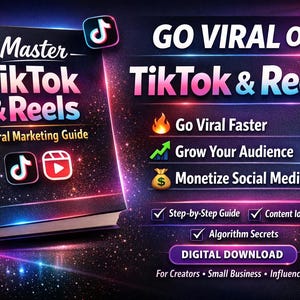 Könnte beinhalten: Ein digitales Download-Cover für einen "Master TikTok & Reels"-Leitfaden. Das Buch ist schwarz mit rosa und weißem Text. Das Cover enthält die TikTok- und Reels-Logos und verspricht, Benutzern zu helfen, viral zu gehen, ihr Publikum zu vergrößern und Social Media zu monetarisieren.