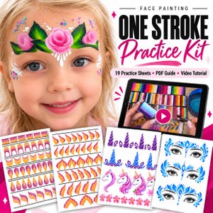 Puede incluir: Un kit de práctica de pintura facial one stroke que incluye 19 hojas de práctica, una guía en PDF y un tutorial en video. El kit contiene hojas impresas con diseños coloridos de llamas, unicornios y flores para ojos.