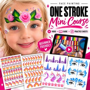 May include: A face painting one stroke mini course educational kit featuring a digital tablet displaying a tutorial video, practice sheets with flame, unicorn, and eye designs, and a child with a painted pink rose floral design on their forehead.