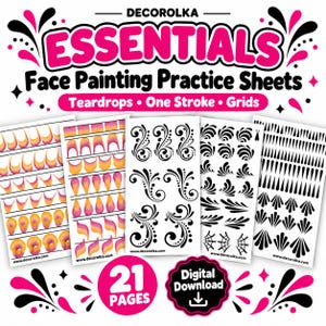 以下が含まれることがあります： DECOROLKA ESSENTIALS Face Painting Practice Sheets。Teardrops、One Stroke、Gridsの文字。5枚の白いシートには、渦巻き、クモの巣、涙の形など、黒やカラフルなペイントパターンが描かれています。21ページのデジタルダウンロード。