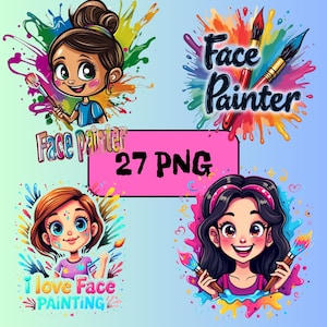 Puede incluir: Cuatro ilustraciones coloridas con una niña de dibujos animados con pinceles y salpicaduras de pintura de colores. El texto "Face Painter" aparece en dos de las ilustraciones. El texto "I love Face Painting" aparece en una de las ilustraciones. El texto "27 PNG" aparece en un rectángulo rosa.