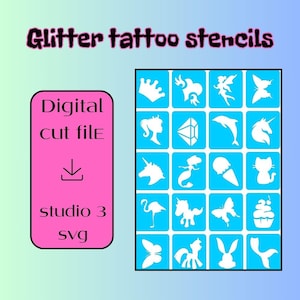 Puede incluir: Una descarga digital de 20 plantillas de tatuaje de purpurina en formato SVG. Las plantillas incluyen imágenes de una corona, un hada, una mariposa, un unicornio, una sirena, un cono de helado, un gato, un flamenco, un cupcake y más.