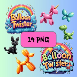 Puede incluir: Un conjunto de 14 imágenes de clipart de animales de globos. Las imágenes incluyen un arcoíris, un unicornio, una mariposa, un dinosaurio, un gato, un perro y dos logotipos diferentes de torcedor de globos. Las imágenes están en un estilo de dibujos animados y son perfectas para usar en proyectos digitales.