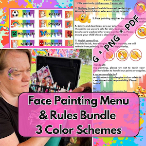 Könnte beinhalten: Ein Face-Painting-Menü und Regeln-Bundle mit drei Farbschemata. Das Bild zeigt eine Frau mit Gesichtsbemalung, einen Koffer mit Zubehör und eine farbenfrohe Tabelle mit Face-Painting-Designs wie Ball, Regenbogen und Spiderman.