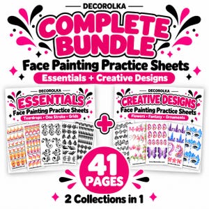 May include: A complete bundle of 41 face painting practice sheets by Decorolka, featuring two collections: Essentials with teardrops, one-stroke, and grids, and Creative Designs with flowers, fantasy, and ornaments, all displayed on white paper.