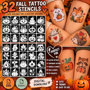 Pode incluir: Um conjunto de 32 estênceis de tatuagem com tema de outono, incluindo abóboras, fantasmas, raposas, ouriços e folhas. O conjunto inclui arquivos digitais SVG e Studio 3 para tatuagens de glitter com vários designs gráficos.