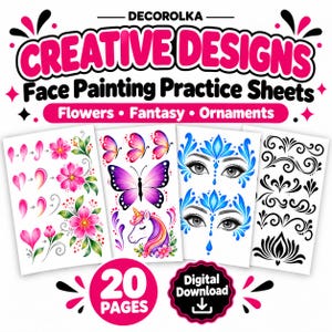 Övningsblad för ansiktsmålning i ett enda penseldrag, 20 utskrivbara sidor, blommor och ornament i PDF-format