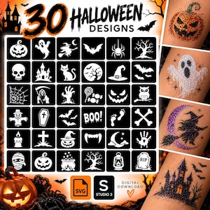 Puede incluir: Una colección de 30 diseños de plantillas de Halloween con iconos blancos sobre cuadrados negros, incluyendo calabazas, fantasmas, brujas, murciélagos, calaveras y lápidas. Incluye formatos de archivo SVG y Studio 3 para descarga digital.
