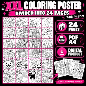 May include: XXL coloring poster divided into 24 pages, featuring a haunted house, ghosts, pumpkins, a black cat, and a smiling moon. This digital product includes PDF A4 files ready to print, showcasing a detailed Halloween scene.