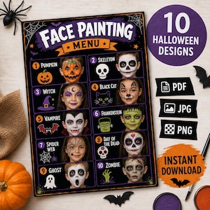 May include: A rectangular Halloween face painting menu sign featuring 10 numbered designs including a pumpkin, skeleton, witch, black cat, vampire, Frankenstein, spider web, Day of the Dead, ghost, and zombie, with text reading 10 HALLOWEEN DESIGNS.