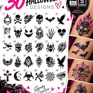 Könnte beinhalten: Eine digitale Sammlung von 30 schwarzen Halloween-Designs mit Totenköpfen, Fledermäusen, Spinnen, Netzen und Kronen. Das Set enthält SVG- und Studio 3-Dateiformate, dargestellt als nummeriertes Raster mit Anwendungsbeispielen auf der Haut.