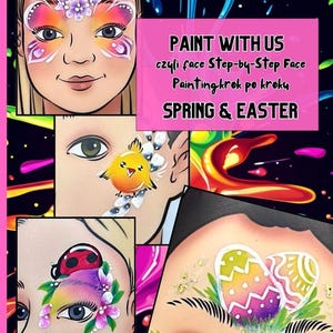 Op de afbeelding: Een collage van vier afbeeldingen die verschillende gezichtsverfdesigns voor lente en Pasen laten zien. De ontwerpen omvatten een vlinder, een kuiken, een lieveheersbeestje en paaseieren.